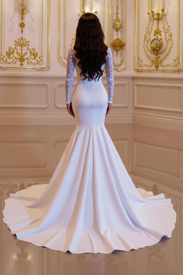 White Mermaid Long Sleeve Modest Wedding Dress With Appliques
